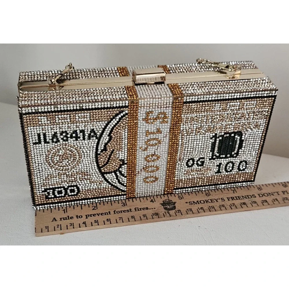 Money Stack Clear & Gold Rhinestone Clutch Bag Evening Purse